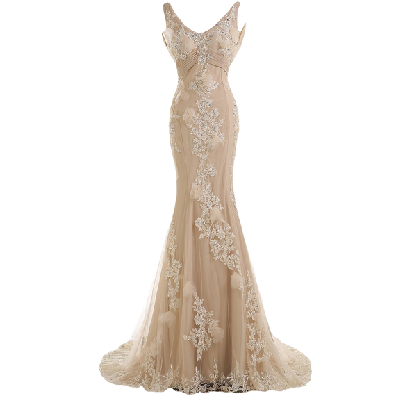 Sunvary Gorgeous Champagne Mermaid Wedding Dresses for Bride Lace and Chiffon